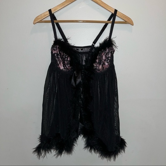 Boux Avenue Teddy Babydoll Lingerie with Feathers and Tie Front Size 8 - Picture 1 of 11